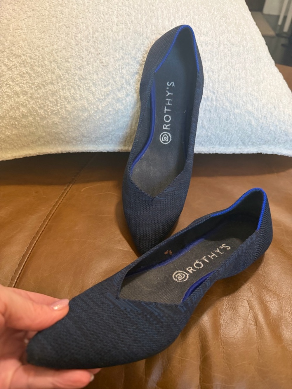 Rothy's Navy Pointed Knit Flat with Royal Trim